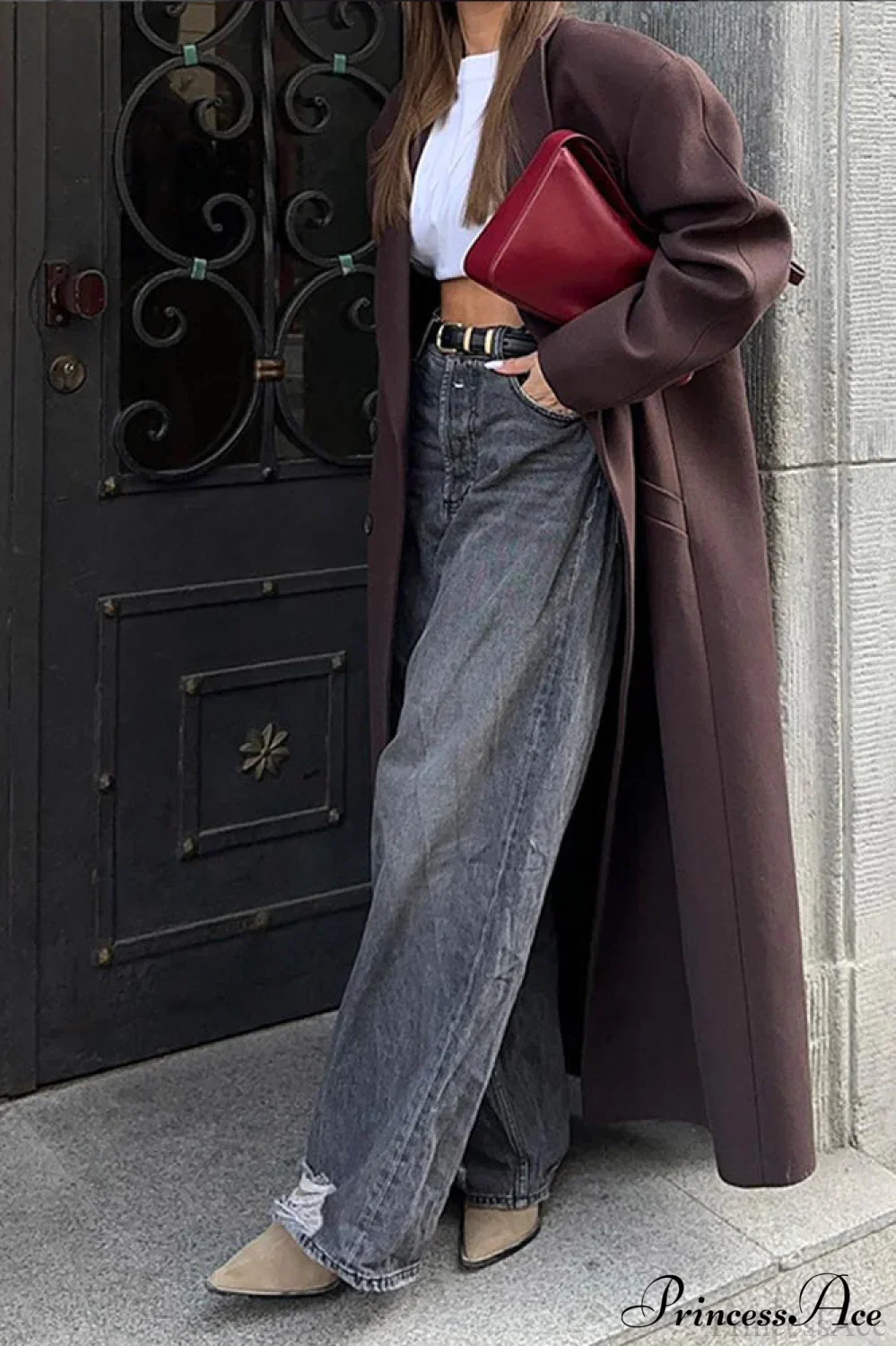 Striped Long Collared Elegant Trench Overcoat - Image 3