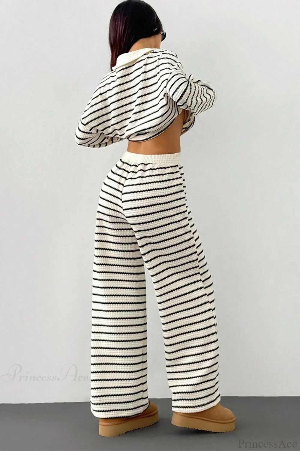 Striped Long Sleeve Pullover Wide Leg Two Piece Set - Image 3
