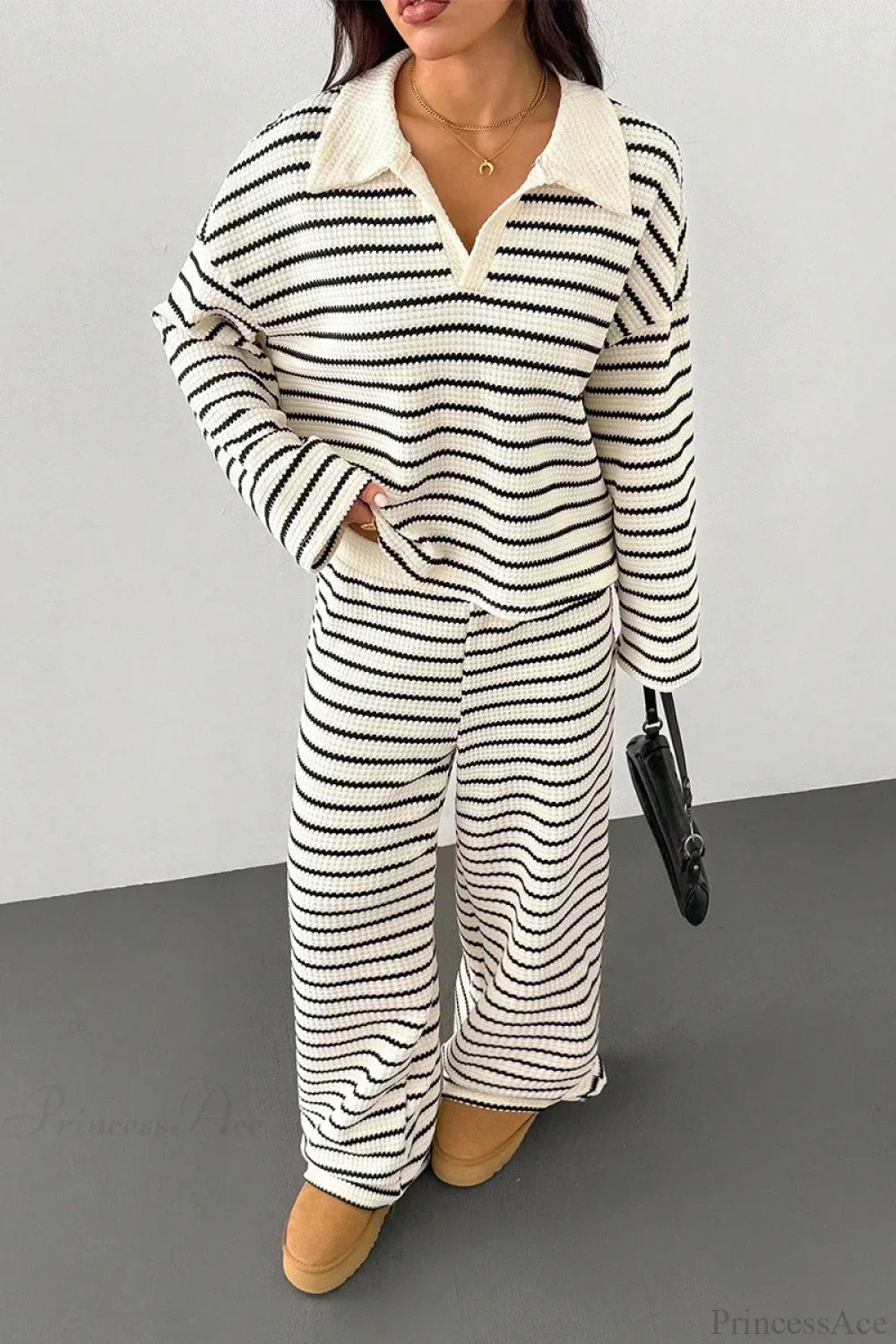 Striped Long Sleeve Pullover Wide Leg Two Piece Set - Image 4