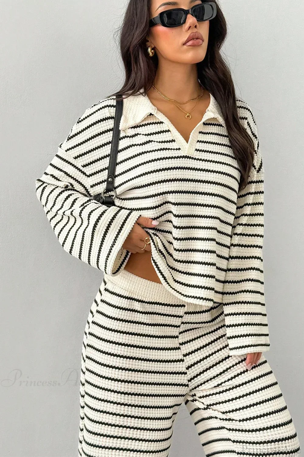 Striped Long Sleeve Pullover Wide Leg Two Piece Set - Image 5