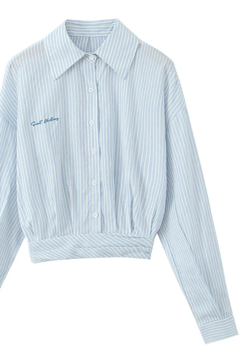 Striped Long Sleeve Shirt High Waist Tie Mini Skirt Set - Image 6