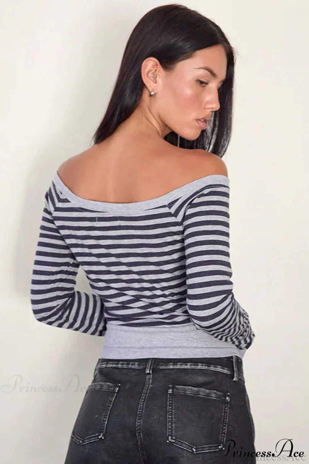 Striped Paneled Asymmetrical Neck Off Shoulder Short Long Sleeve Tee - Image 3
