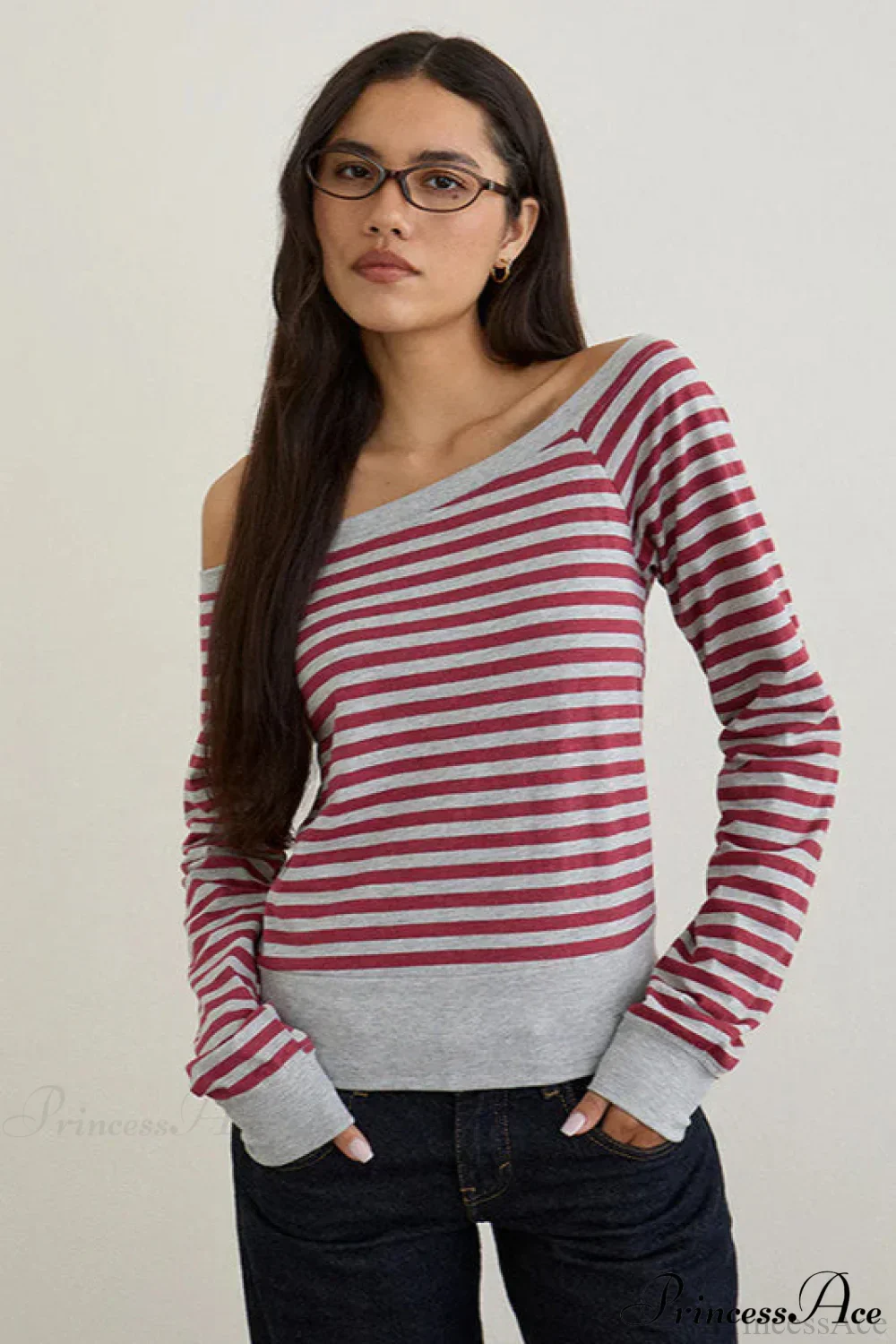 Striped Paneled Asymmetrical Neck Off Shoulder Short Long Sleeve Tee - Image 5
