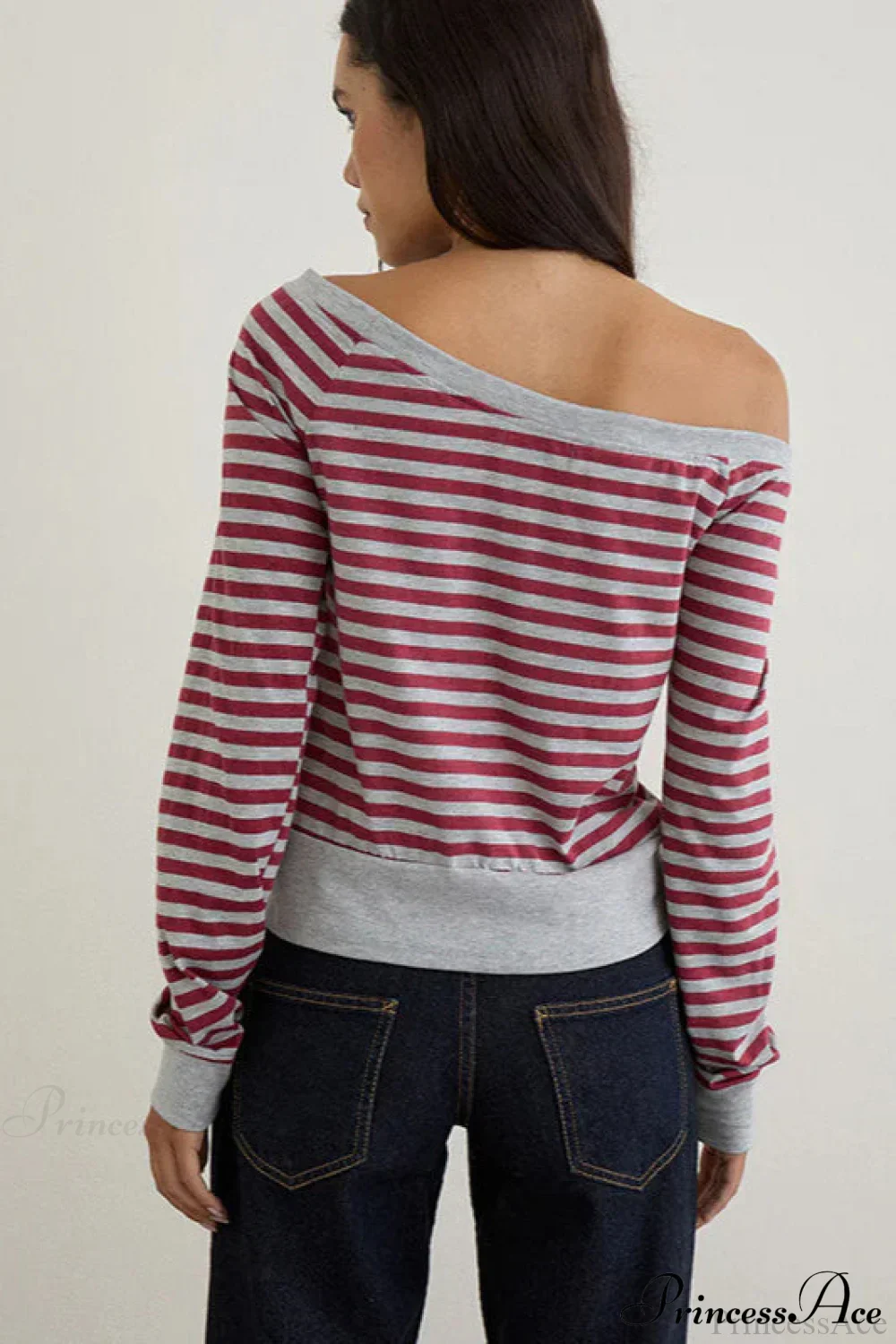 Striped Paneled Asymmetrical Neck Off Shoulder Short Long Sleeve Tee - Image 6