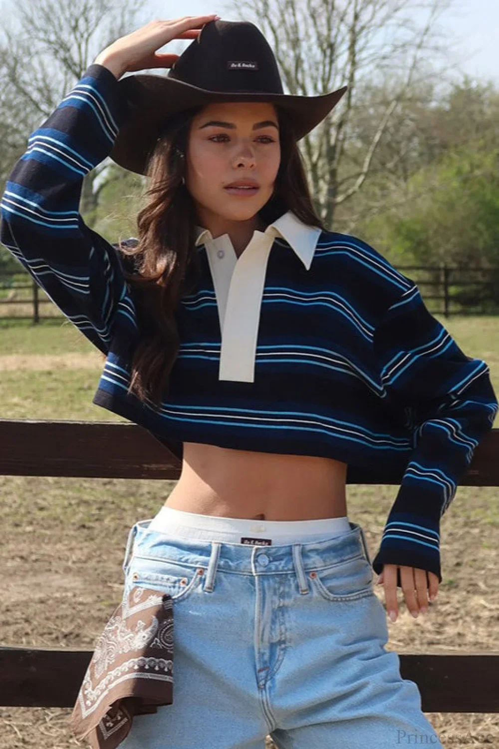 Striped Polo Neck Short Slim Pullover Long Sleeve Tee - Image 6