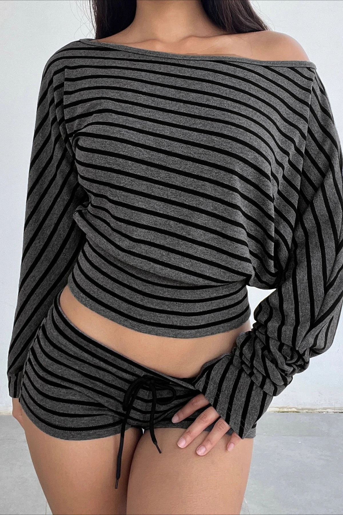Striped Print Asymmetrical Shoulder Two Piece Set - Image 2