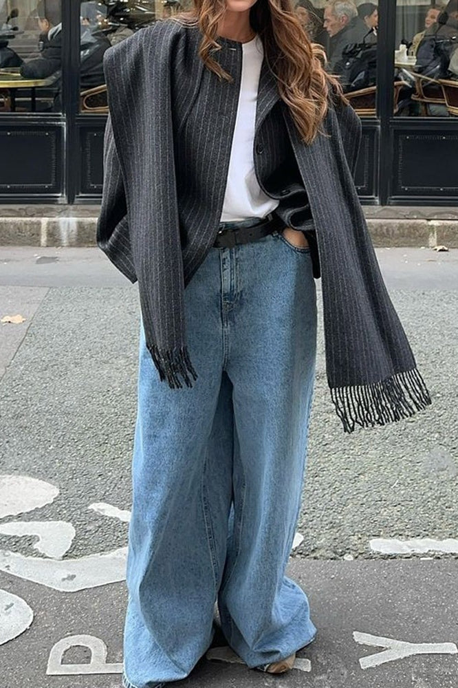 Striped Scarf Collar Tassel Loose Wool Coat - Image 2