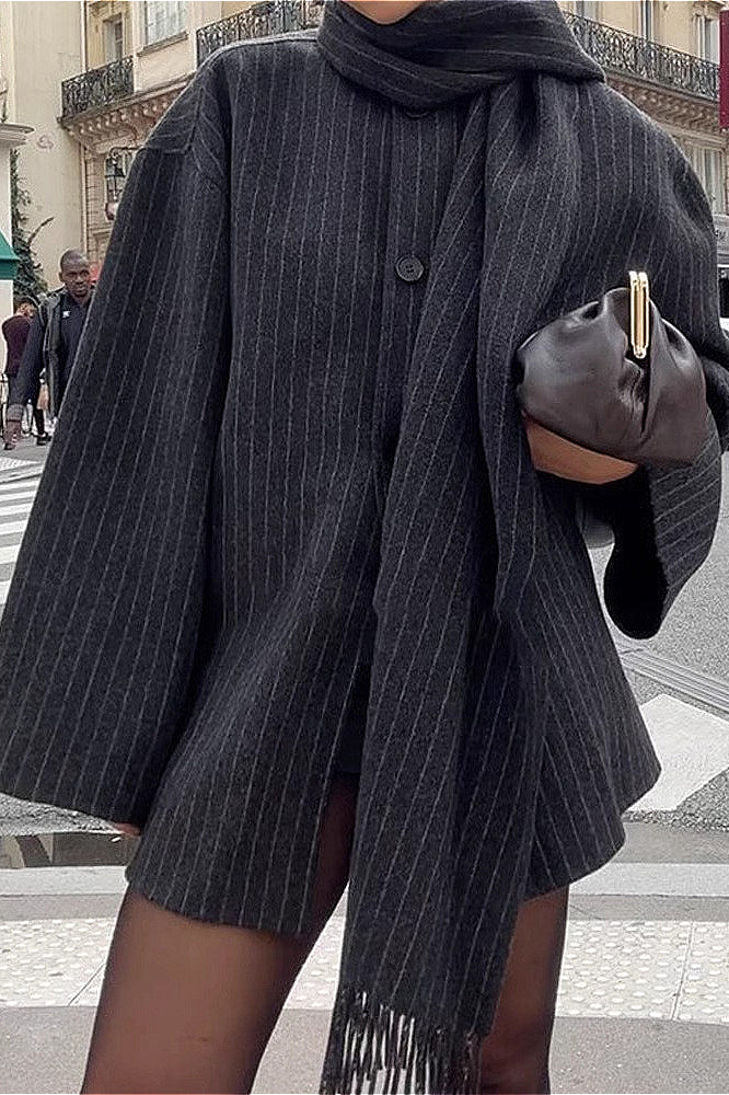 Striped Scarf Collar Tassel Loose Wool Coat - Image 5