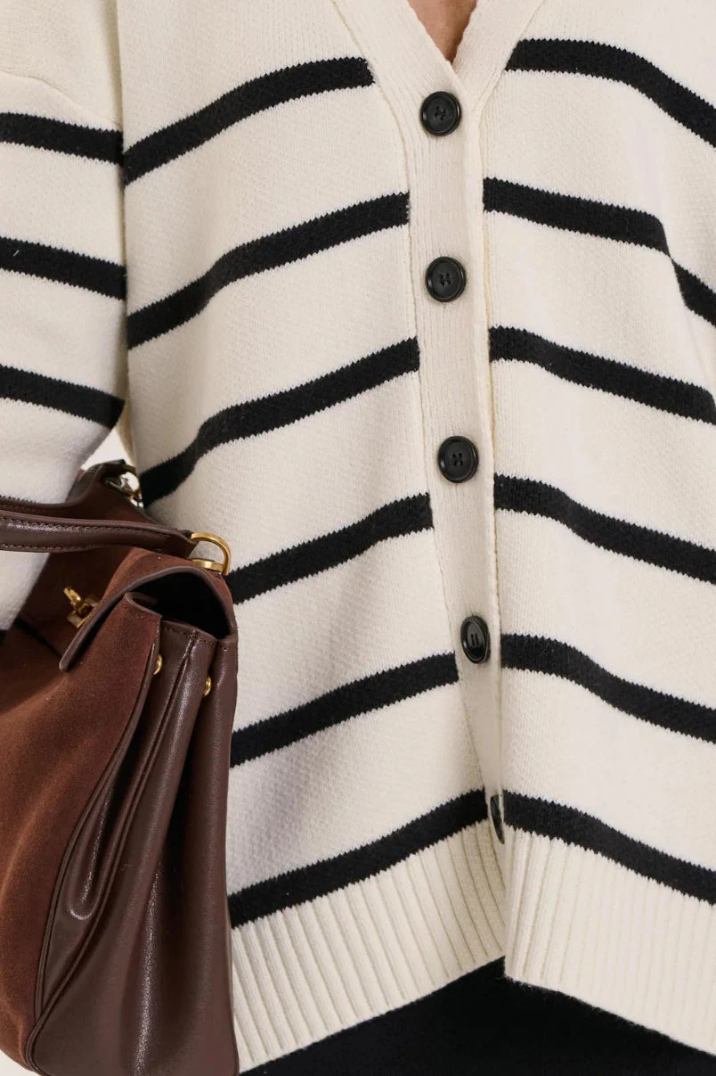 Striped V Neck Buttoned Slouchy Knit Cardigan - Image 3