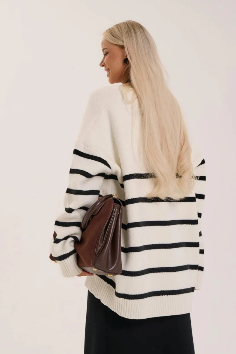 Striped V Neck Buttoned Slouchy Knit Cardigan - Image 4