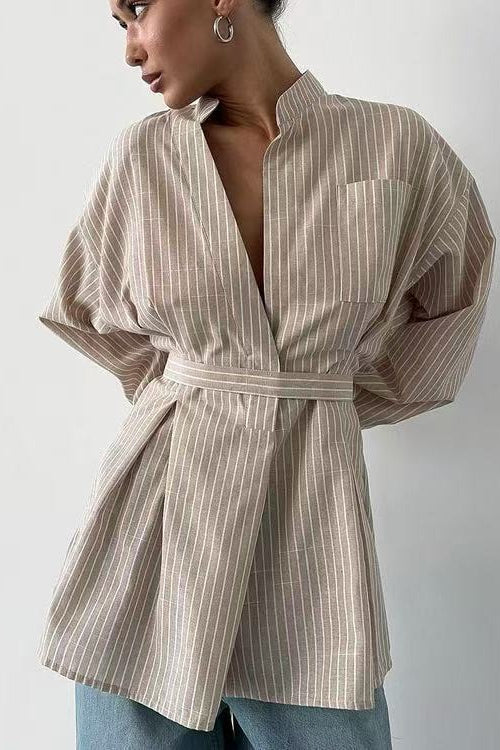 Striped V Neck Irregular Tie Waist Long Sleeve Blouse - Image 2