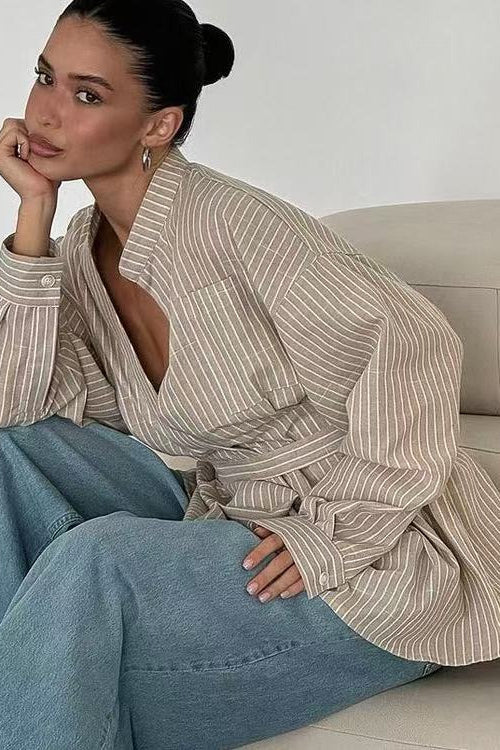 Striped V Neck Irregular Tie Waist Long Sleeve Blouse - Image 3