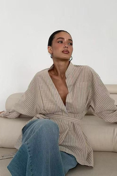 Striped V Neck Irregular Tie Waist Long Sleeve Blouse - Image 4