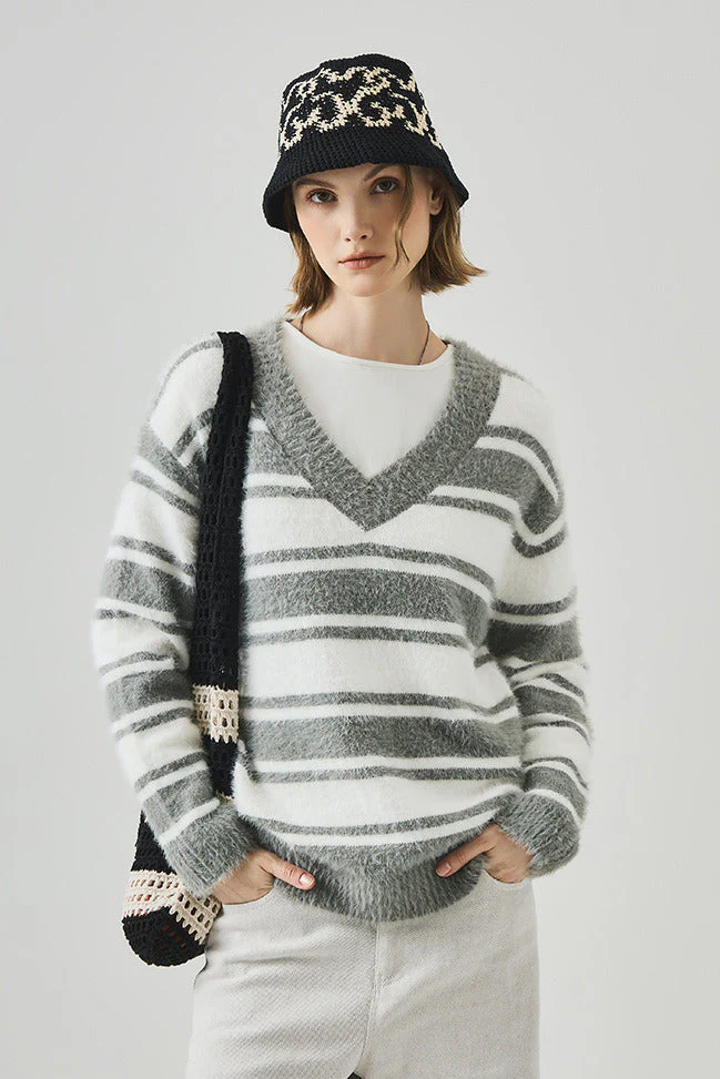 Striped V Neck Loose Long Sleeve Knit Sweater - Image 2