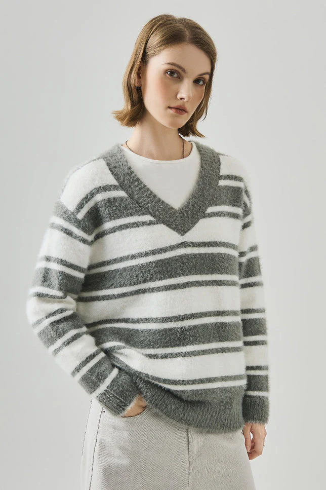Striped V Neck Loose Long Sleeve Knit Sweater - Image 3