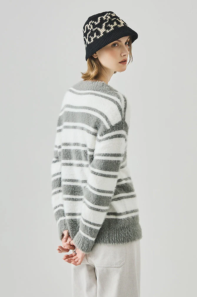 Striped V Neck Loose Long Sleeve Knit Sweater - Image 4