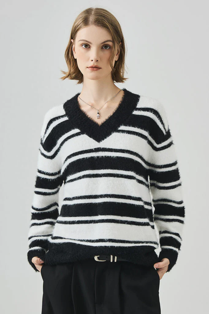 Striped V Neck Loose Long Sleeve Knit Sweater - Image 5