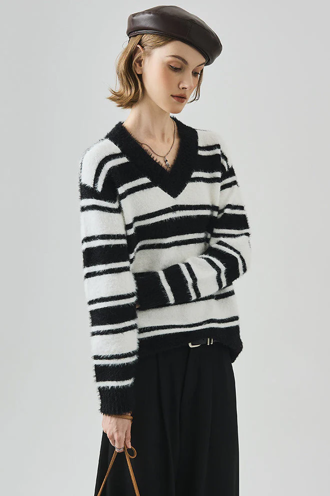 Striped V Neck Loose Long Sleeve Knit Sweater - Image 6