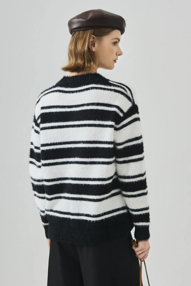 Striped V Neck Loose Long Sleeve Knit Sweater - Image 7