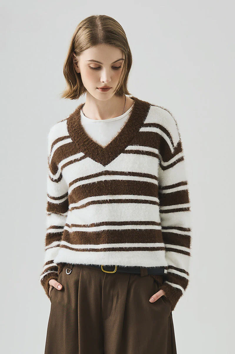 Striped V Neck Loose Long Sleeve Knit Sweater - Image 8