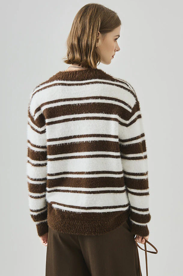 Striped V Neck Loose Long Sleeve Knit Sweater - Image 9