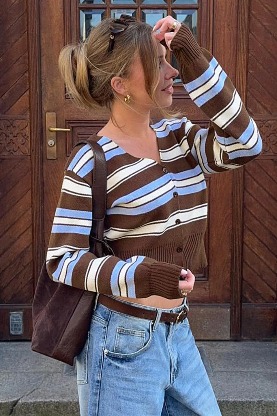 Striped Vintage Slim Long Sleeve Knit Cardigan - Image 3
