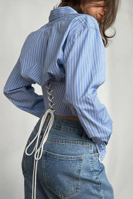 Striped Waist Cinched Collared Short Blouse - Image 3