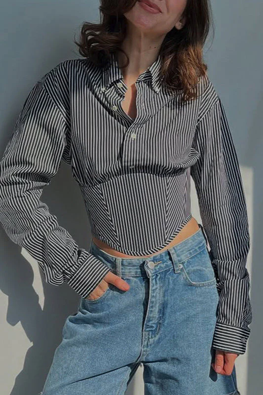 Striped Waist Cinched Collared Short Blouse - Image 4
