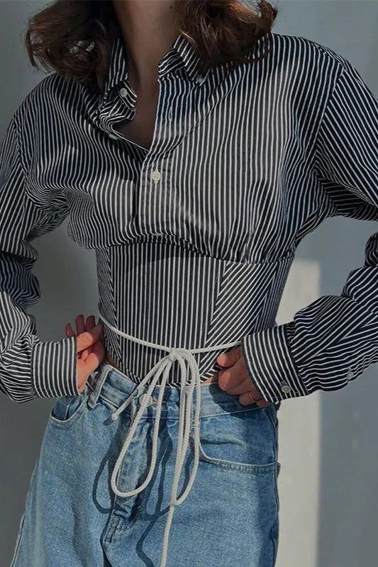 Striped Waist Cinched Collared Short Blouse - Image 5