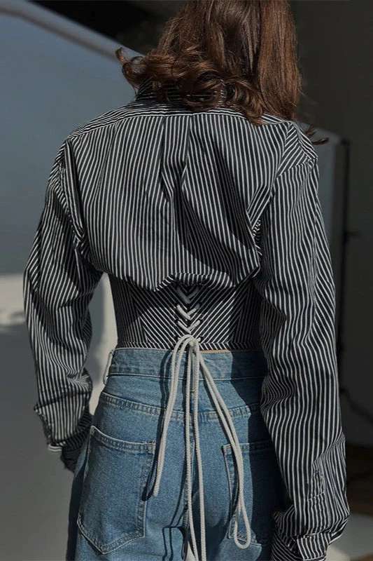 Striped Waist Cinched Collared Short Blouse - Image 6