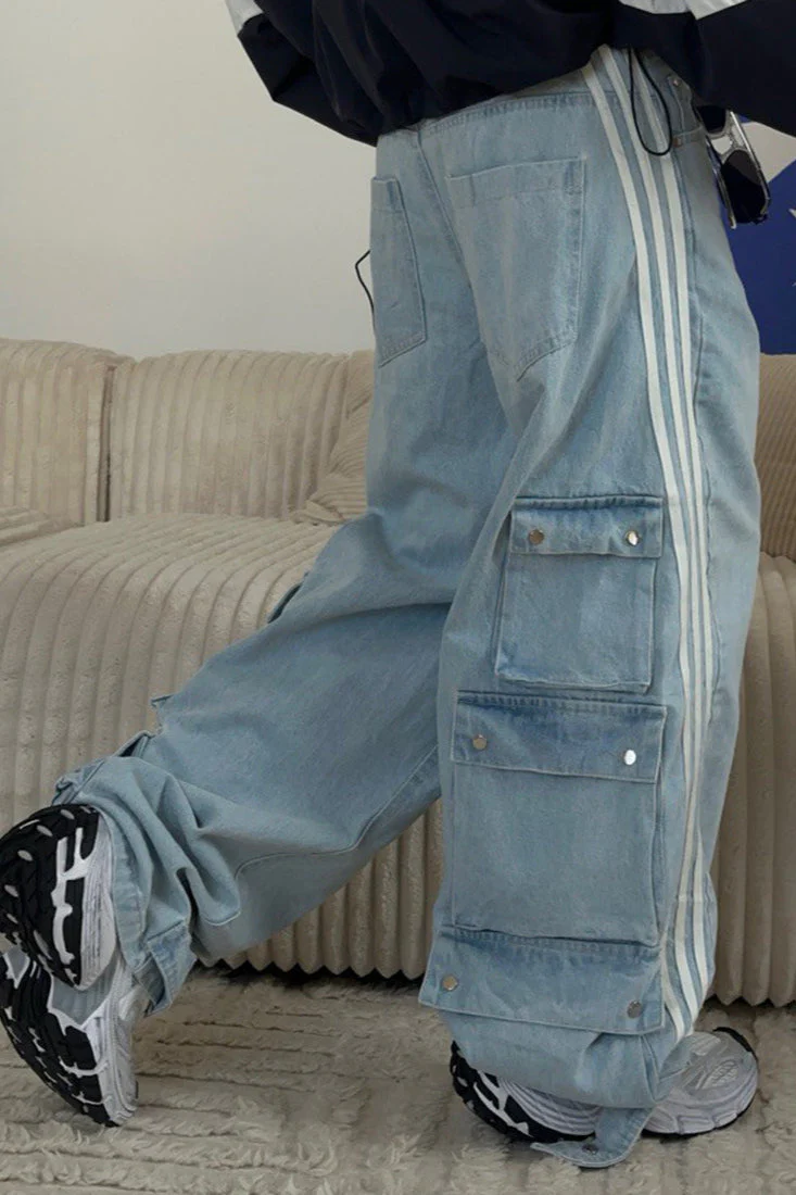 Striped Wide Leg Denim Trousers Pants - Image 2