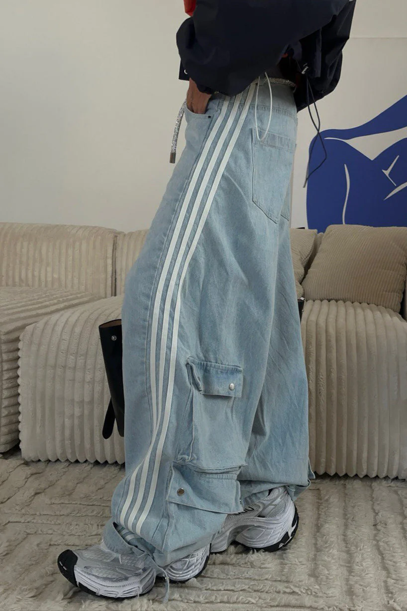 Striped Wide Leg Denim Trousers Pants - Image 3