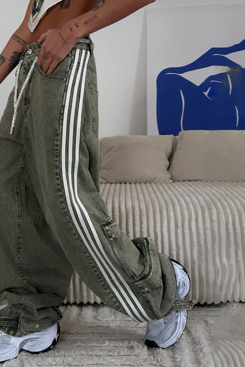 Striped Wide Leg Denim Trousers Pants - Image 6