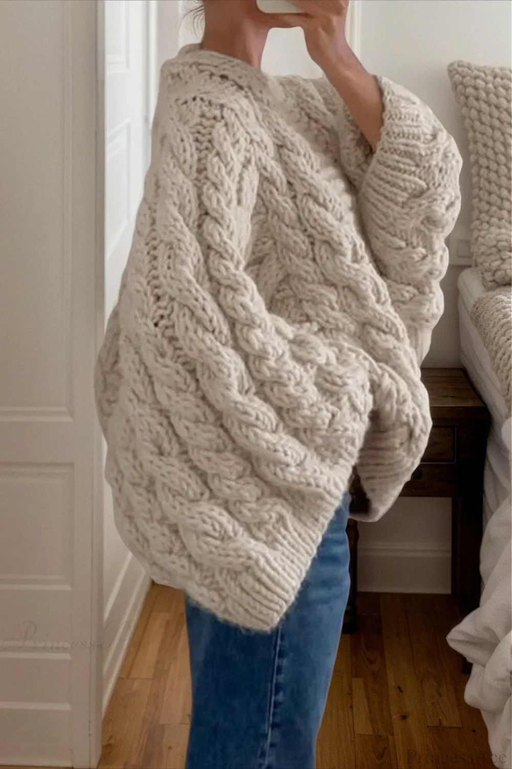 Vintage Stylish Crewneck Bell Sleeve Loose Sweater - Image 3