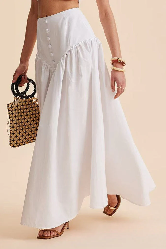 Stylish High Waist Button Patchwork White Maxi Skirt - Image 2