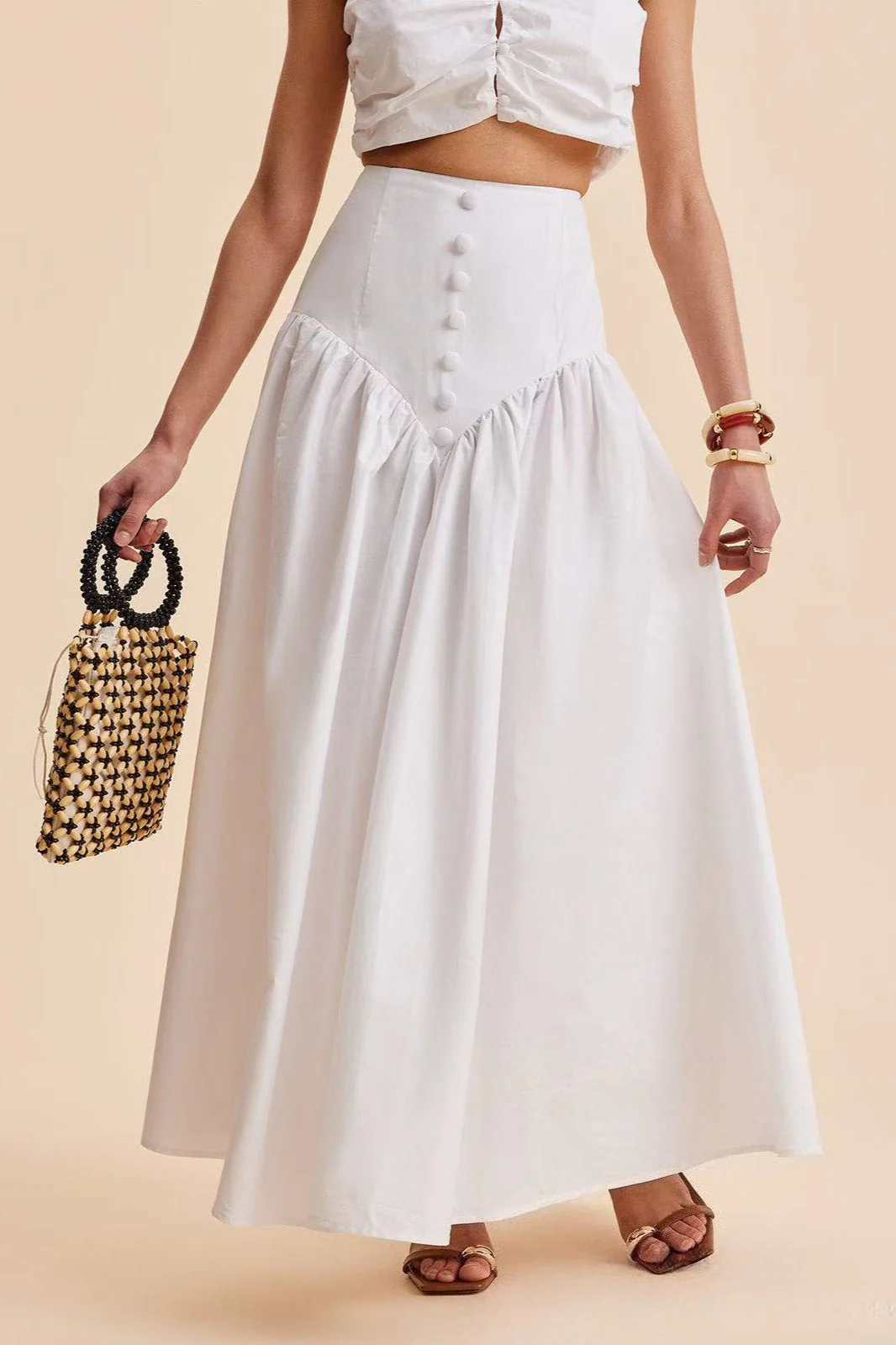 Stylish High Waist Button Patchwork White Maxi Skirt - Image 3
