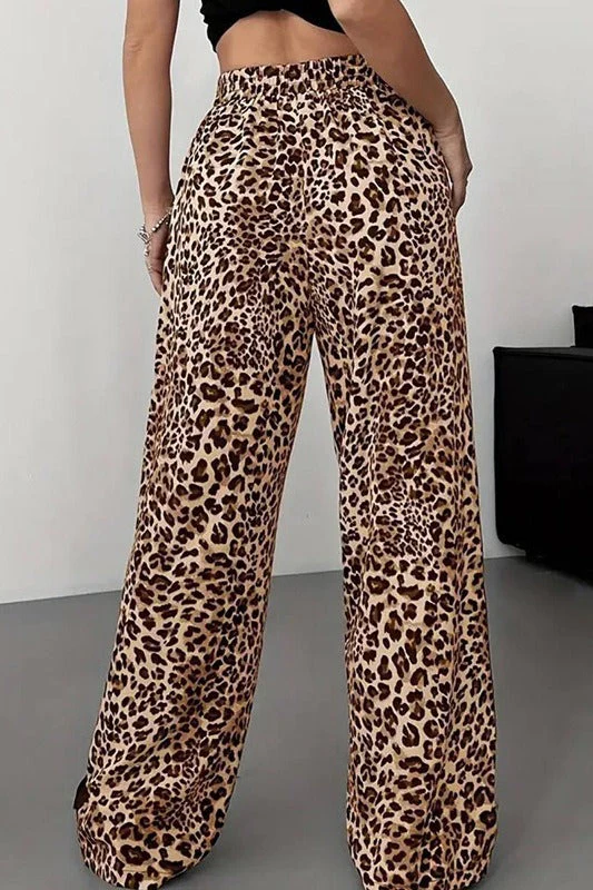 Stylish Leopard Print Black Trim High-Waisted Wide-Leg Pants - Image 3