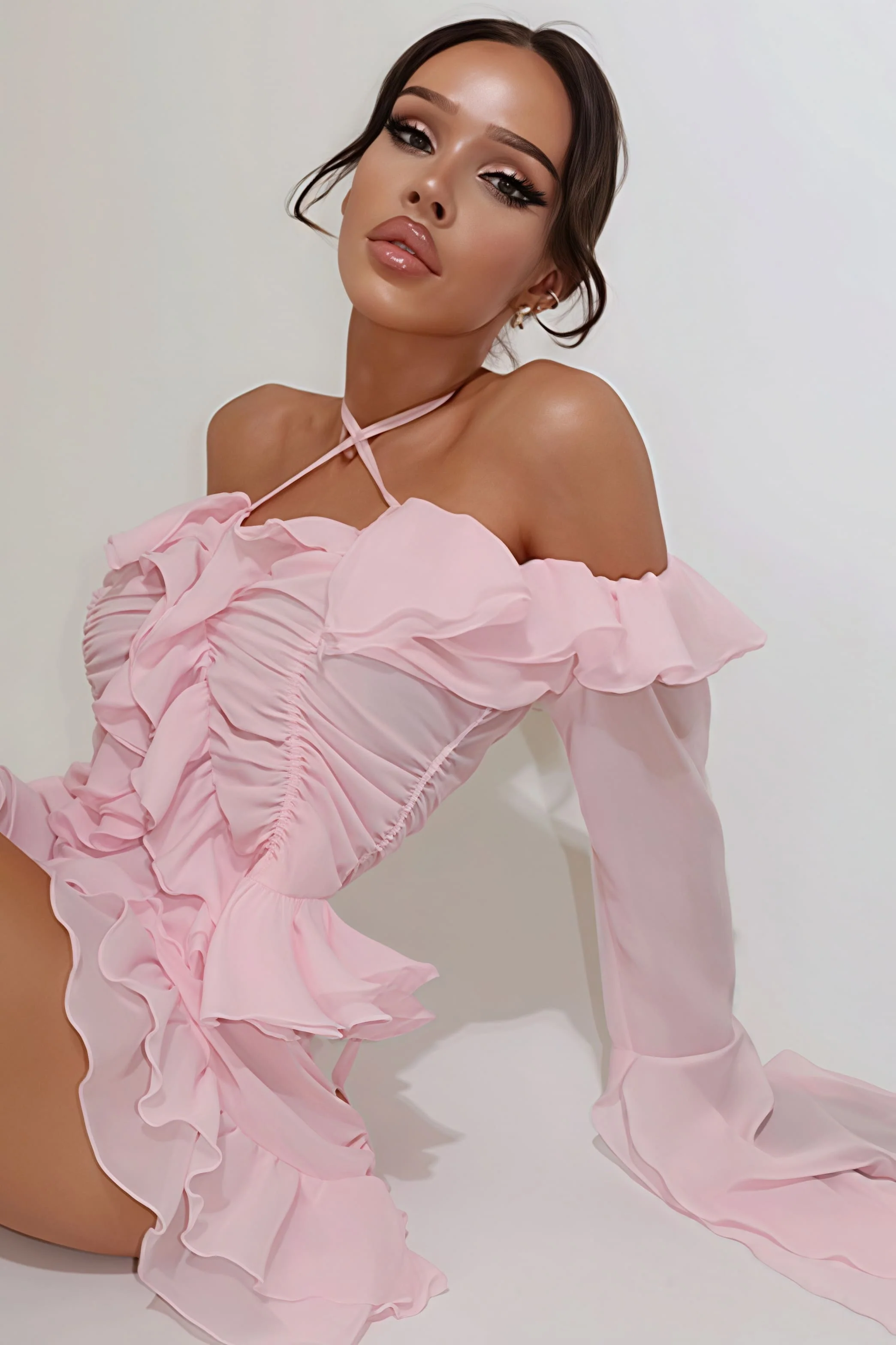 Stylish Off Shoulder Long Sleeve Ruffle Skirt Set - Image 5