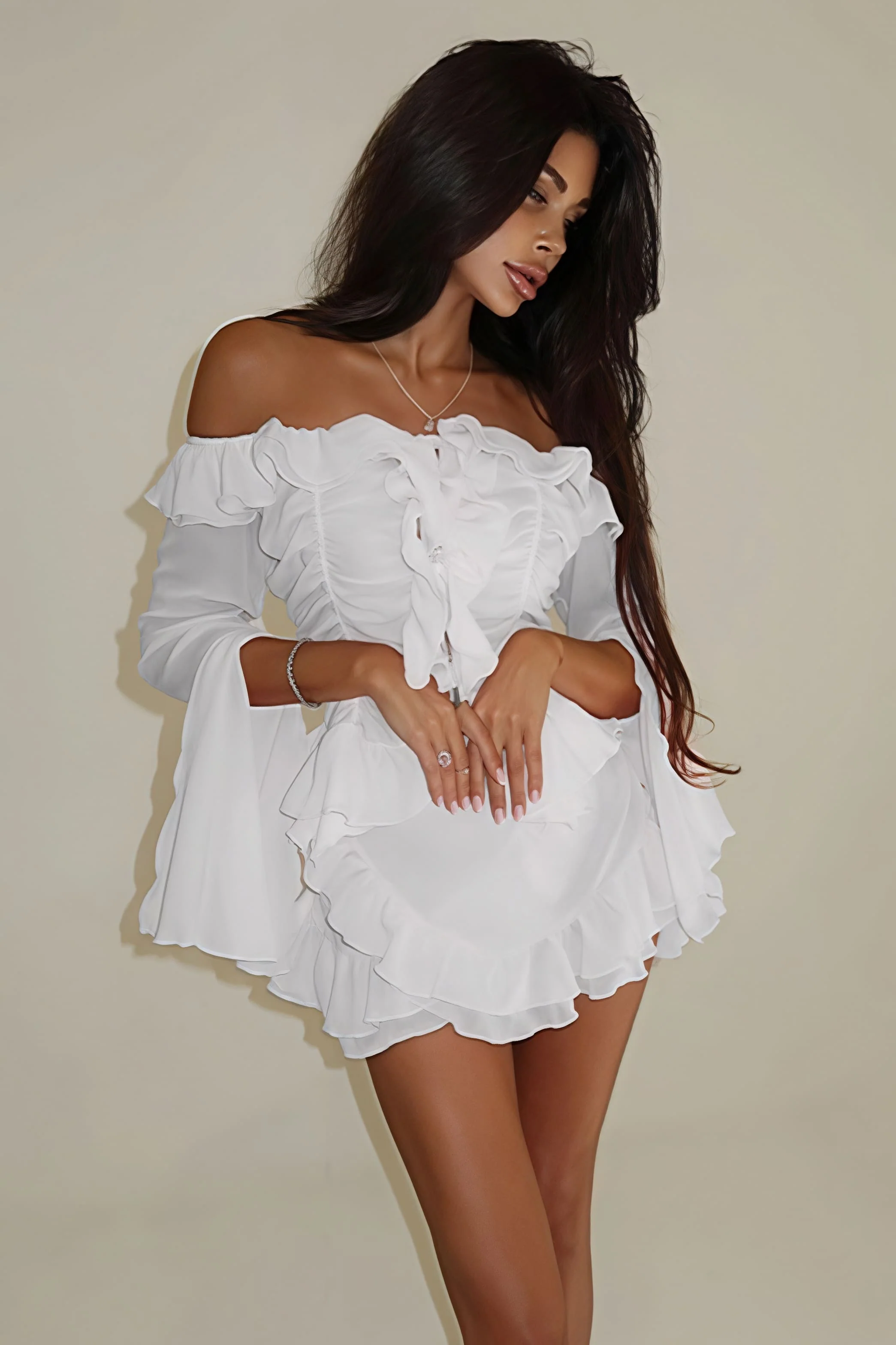 Stylish Off Shoulder Long Sleeve Ruffle Skirt Set - Image 8