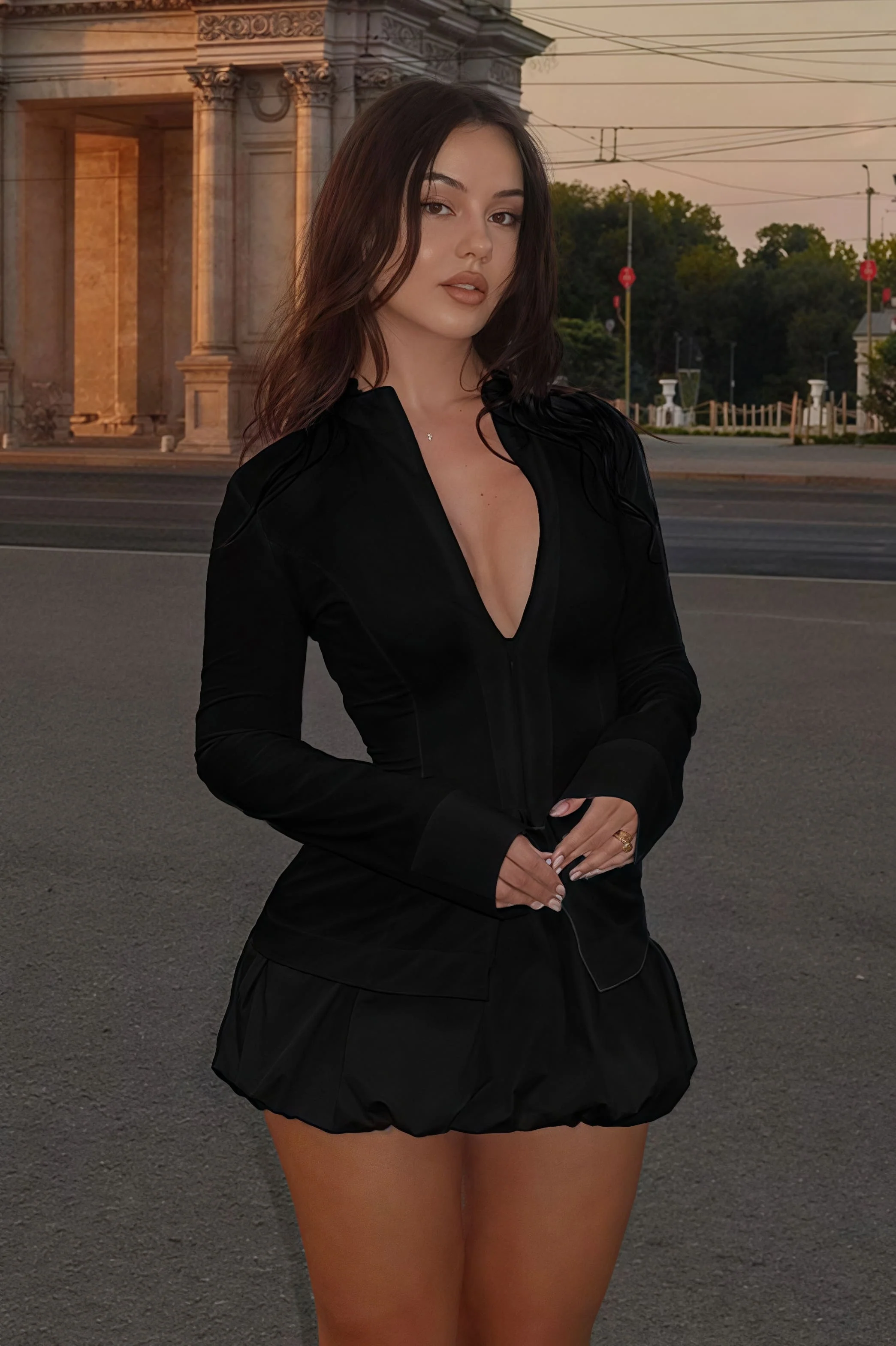 Stylish Solid Stand Collar Zipper Slim Long Sleeve Skirt Set - Image 5