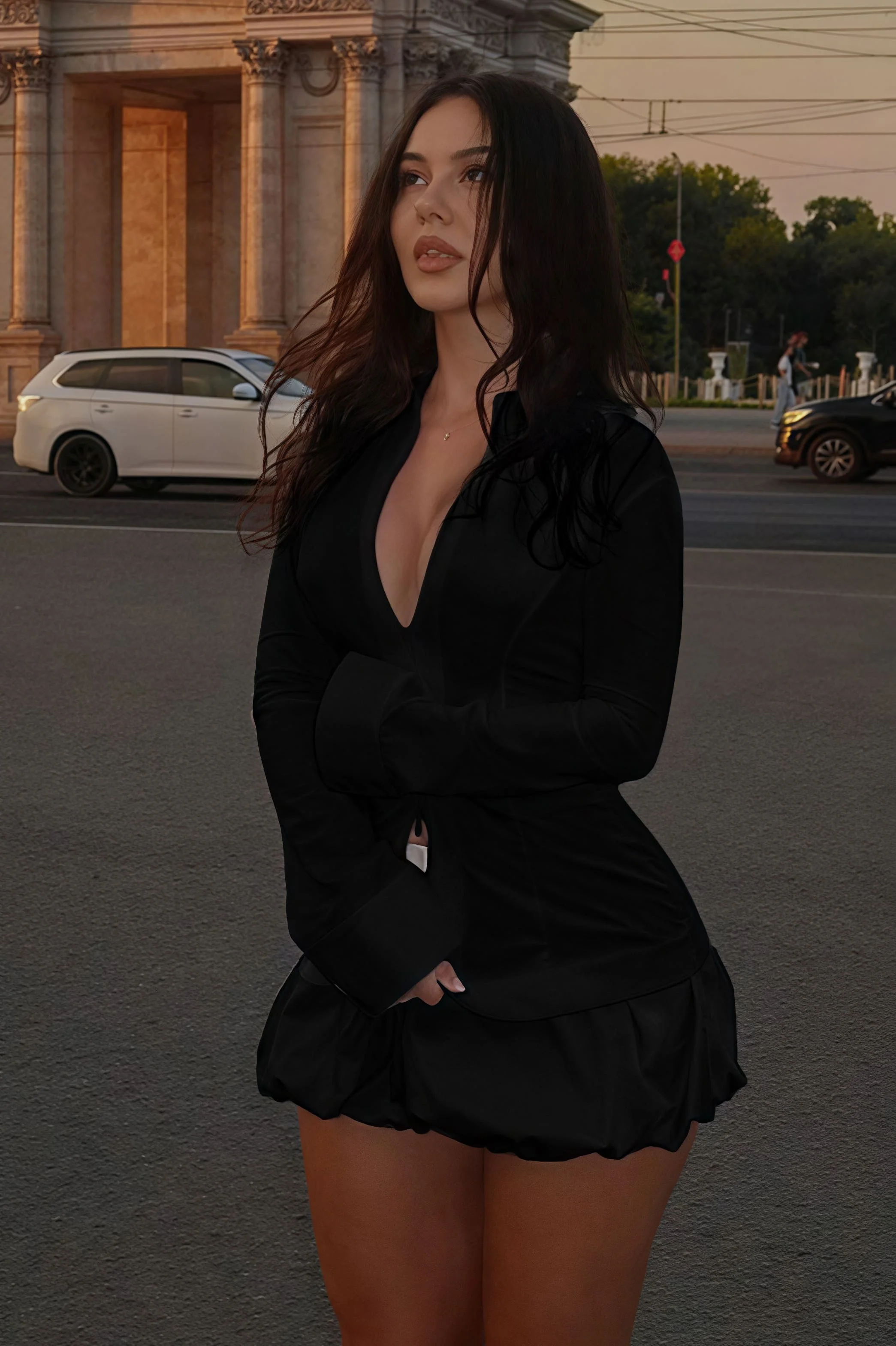 Stylish Solid Stand Collar Zipper Slim Long Sleeve Skirt Set - Image 7