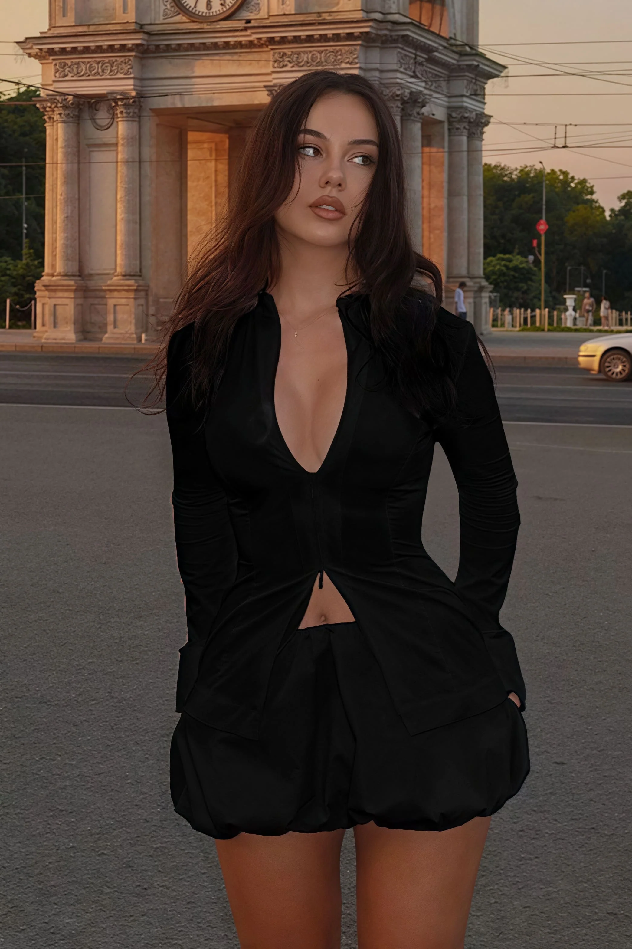Stylish Solid Stand Collar Zipper Slim Long Sleeve Skirt Set - Image 8