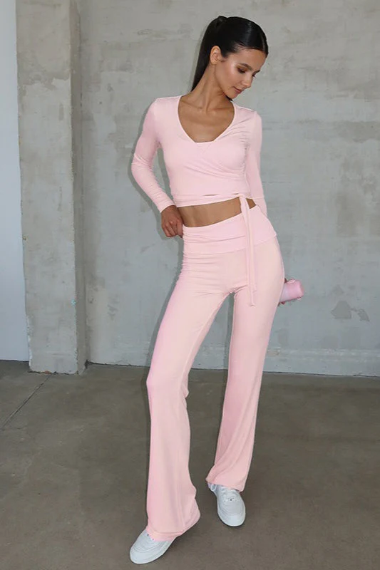 Stylish Solid Tie High-rise Flared Two Piece Set - Image 7