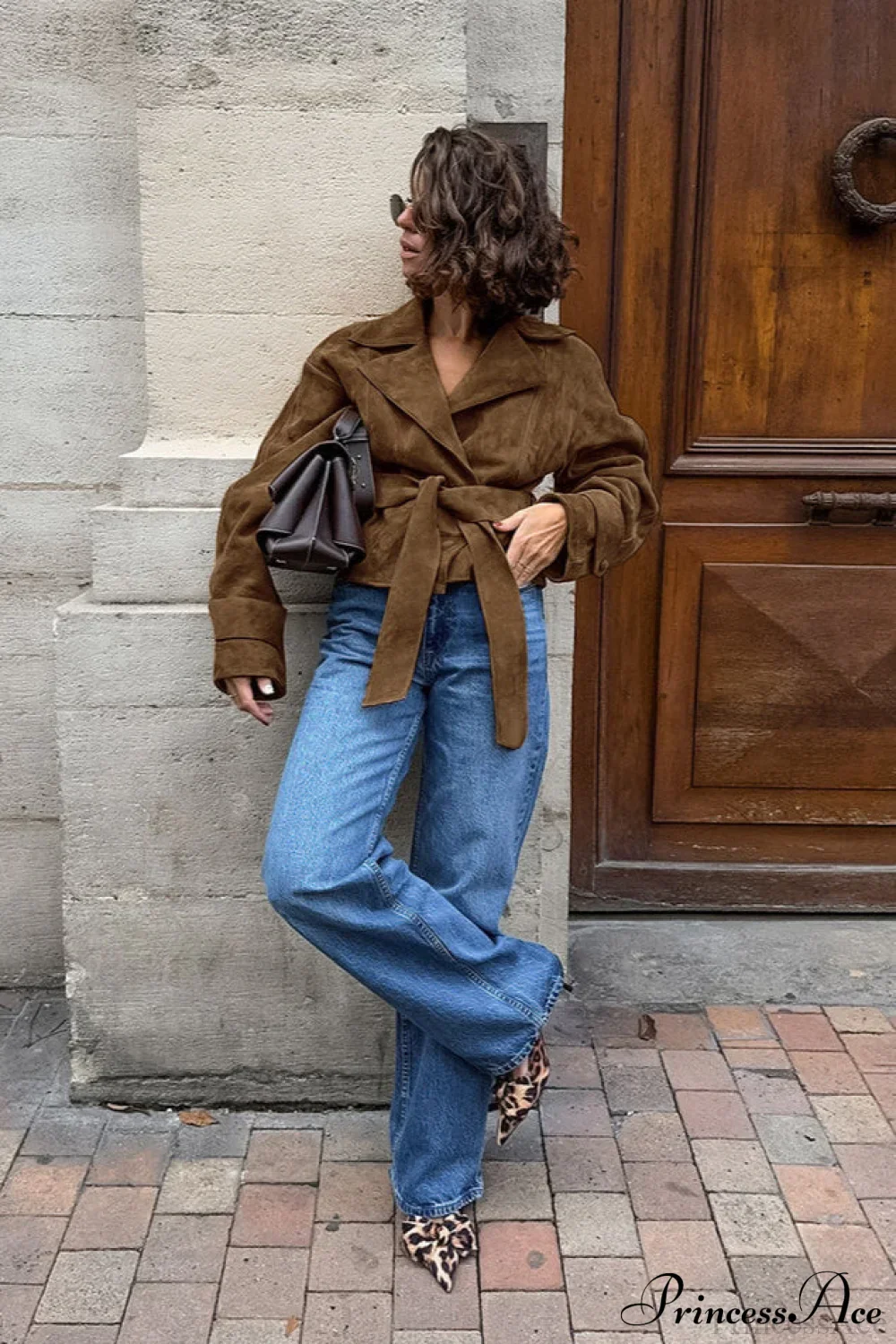 Suede Belted Blazer Collar Elegant Coat - Image 3
