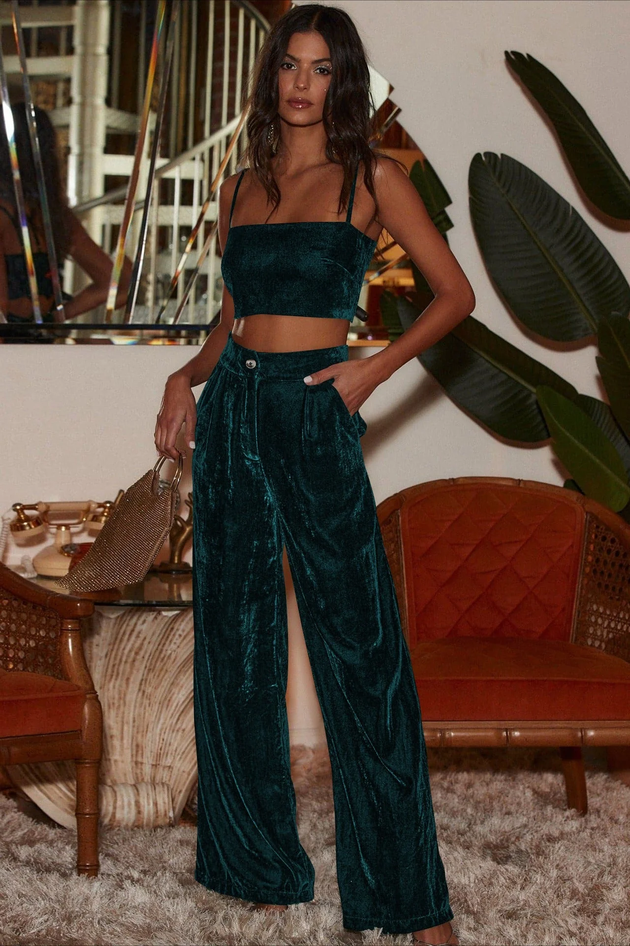 Suede Relaxed Button Straight Wide Leg Pants - Image 17
