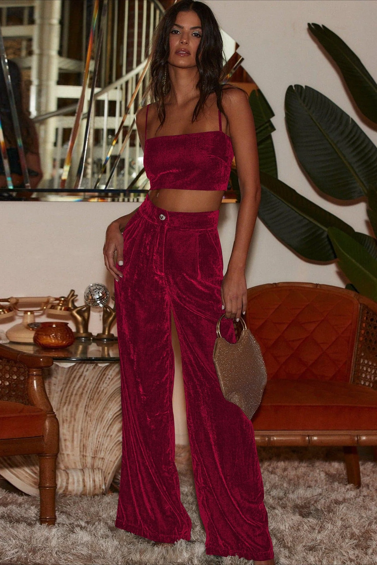 Suede Relaxed Button Straight Wide Leg Pants - Image 2