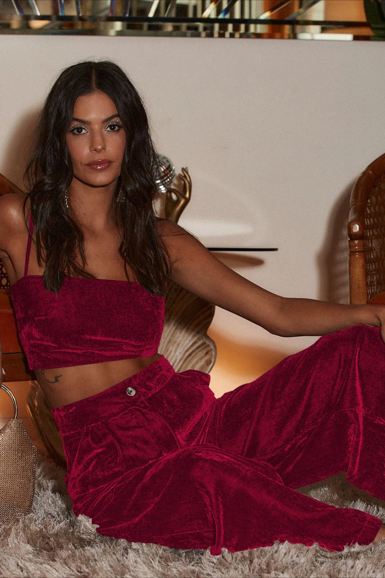 Suede Relaxed Button Straight Wide Leg Pants - Image 4