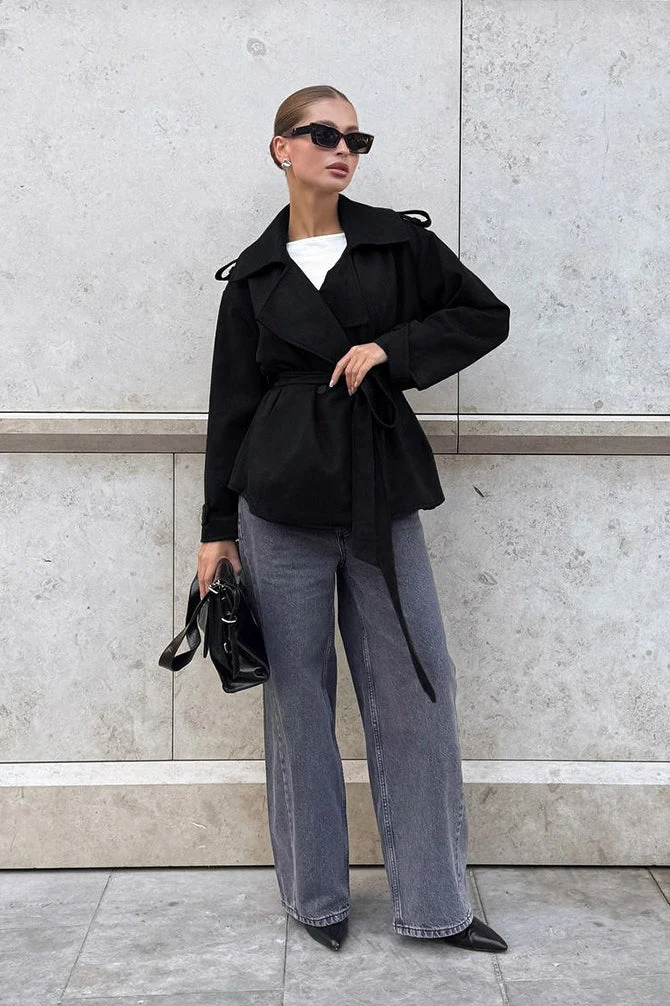 Suede Solid Tie Waist Thickened Warm Coat - Image 3