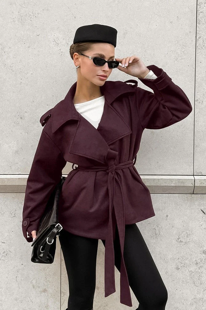Suede Solid Tie Waist Thickened Warm Coat - Image 4