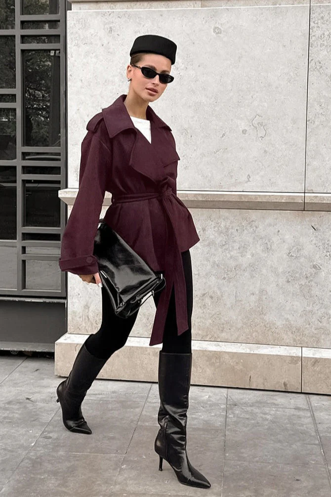 Suede Solid Tie Waist Thickened Warm Coat - Image 6